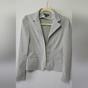 Lauren Ralph Lauren Seersucker Blue/ White Stripe Fitted Blazer Size Medium